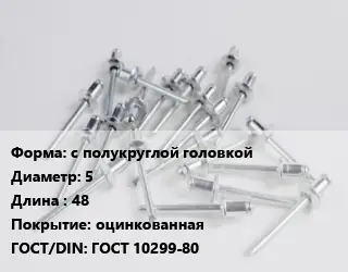 Заклепка с полукруглой головкой 5х48 оцинкованная ГОСТ: ГОСТ 10299-80